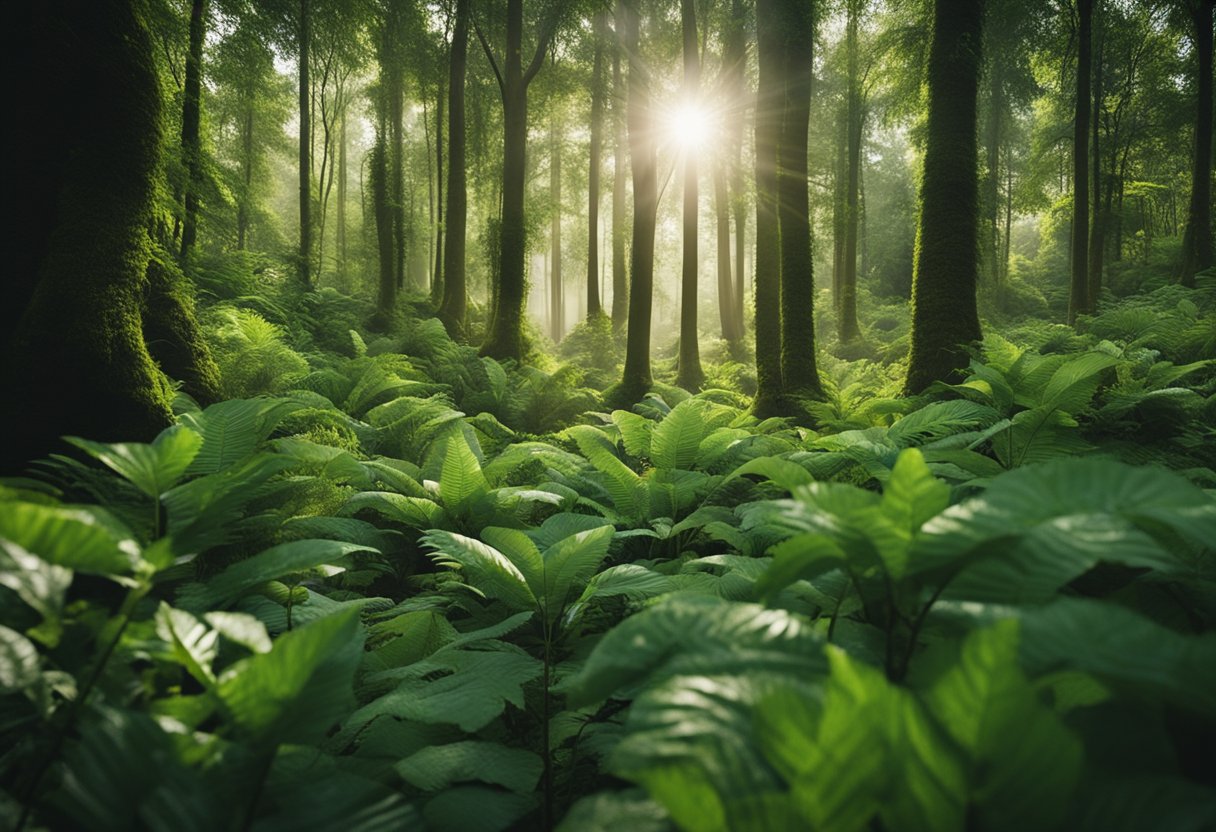 A lush forest with diverse plants and animals, showcasing the interconnectedness of ecosystems and the importance of ethnobotany in preserving medicinal plants