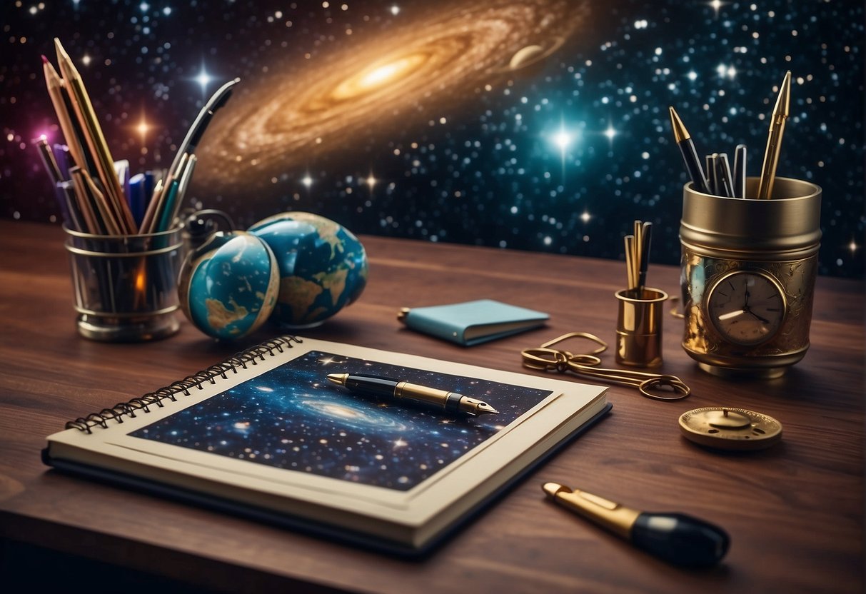 Stationery items floating in a cosmic background with stars, planets, and galaxies. A rocket-shaped pen holder and constellation-patterned notebooks add to the celestial theme