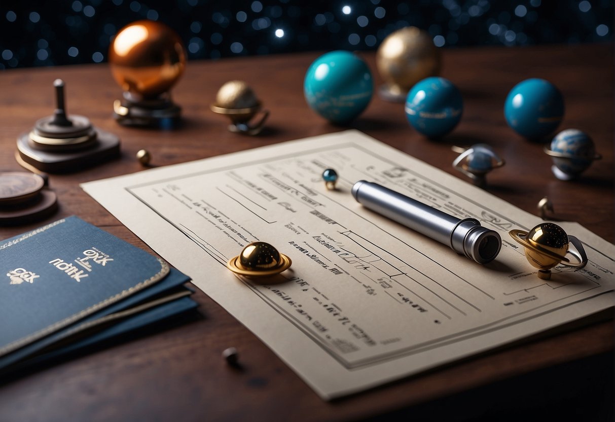 A space-themed stationery set floats in zero gravity, with planets, stars, and rockets adorning the paper and envelopes. A futuristic writing instrument hovers nearby, ready for intergalactic correspondence