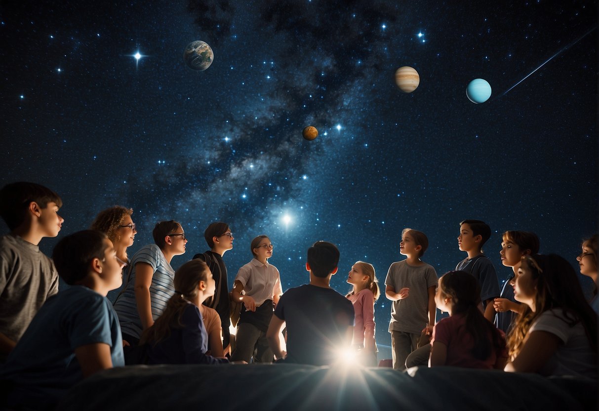 Portable Planetariums A group of students and enthusiasts gather under a portable planetarium, gazing up at the projected stars and planets in awe