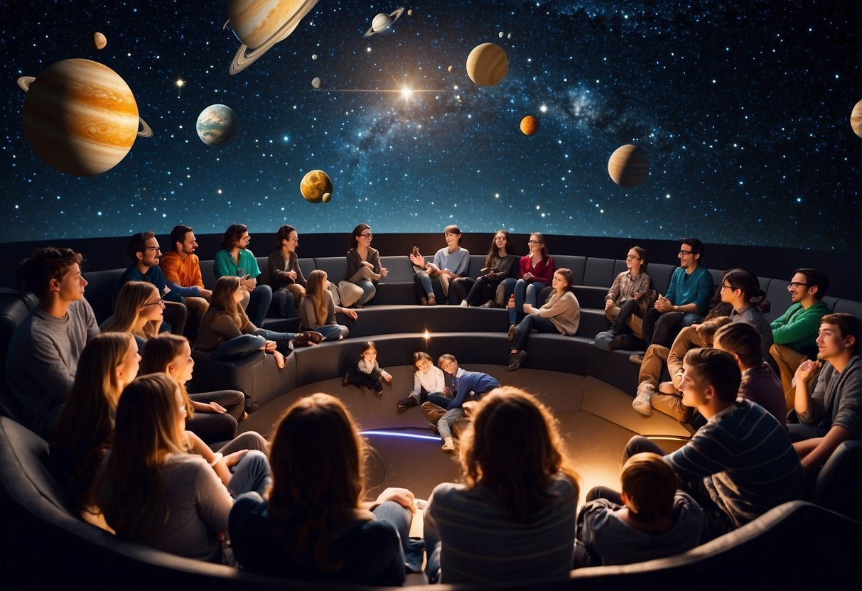 A group of students and enthusiasts gather inside a portable planetarium, gazing up at a realistic night sky filled with stars, planets, and constellations. The dome-shaped structure creates an immersive learning experience for all