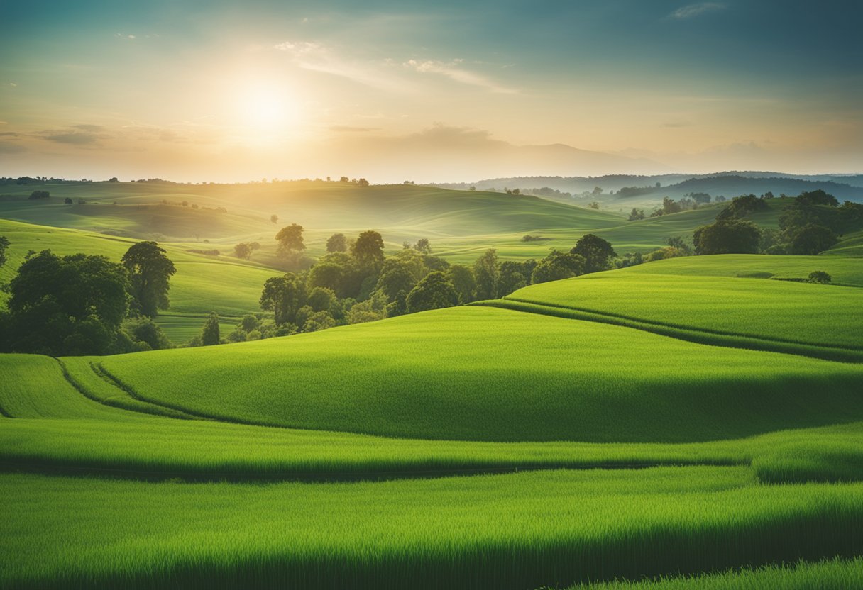 Lush green fields teeming with diverse plants and animals, showcasing the vital role of agriculture in supporting ecosystems