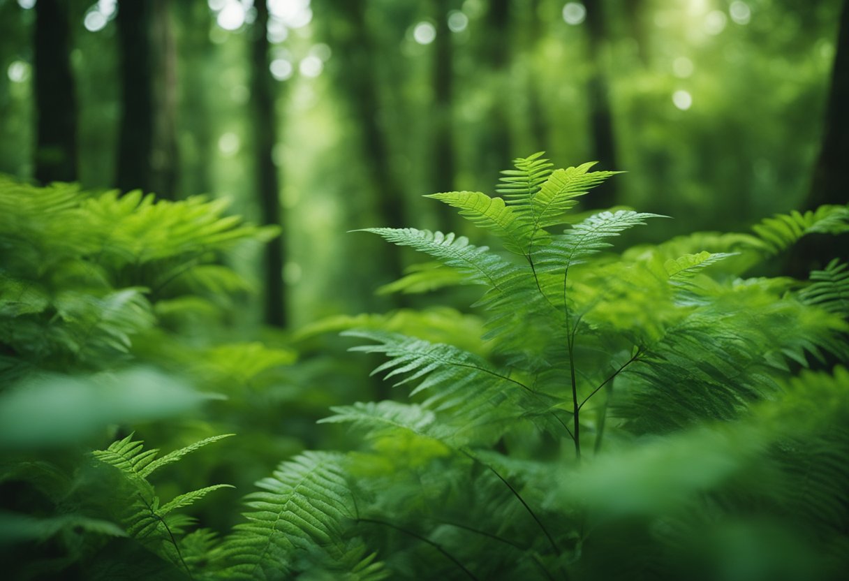 Lush forest teeming with diverse flora and fauna, showcasing the interdependence of plants and animals in a thriving ecosystem