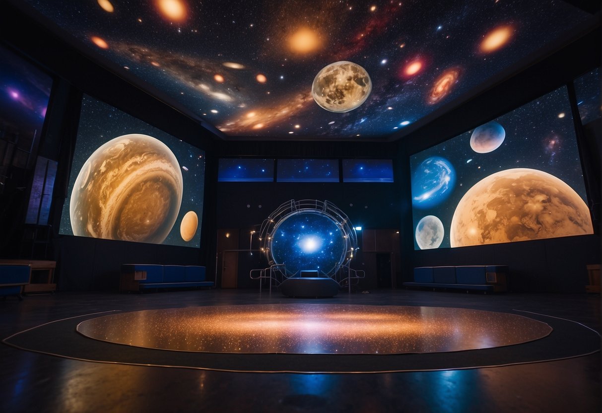 A portable planetarium set up in a school gymnasium, with colorful projections of stars and planets covering the ceiling and walls