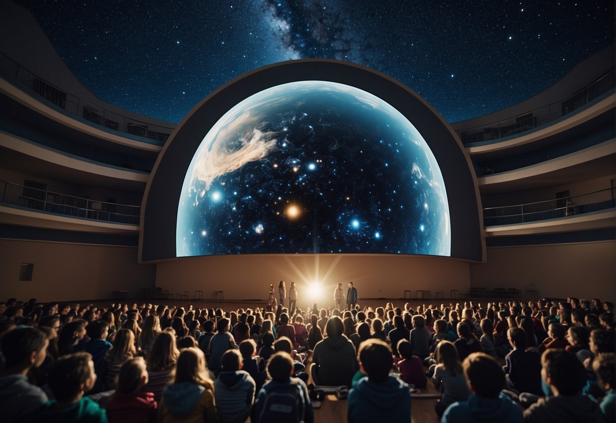 A portable planetarium set up in a school gymnasium, with children and teachers eagerly gathered around, gazing up at the realistic night sky projected onto the dome