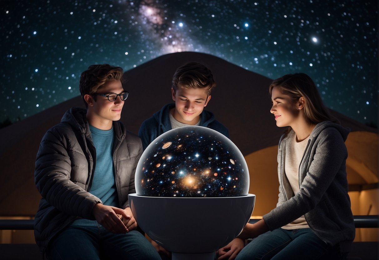A group of students and enthusiasts gather around a portable planetarium, gazing up at the projected stars and planets. The dome glows with a realistic night sky, captivating the audience