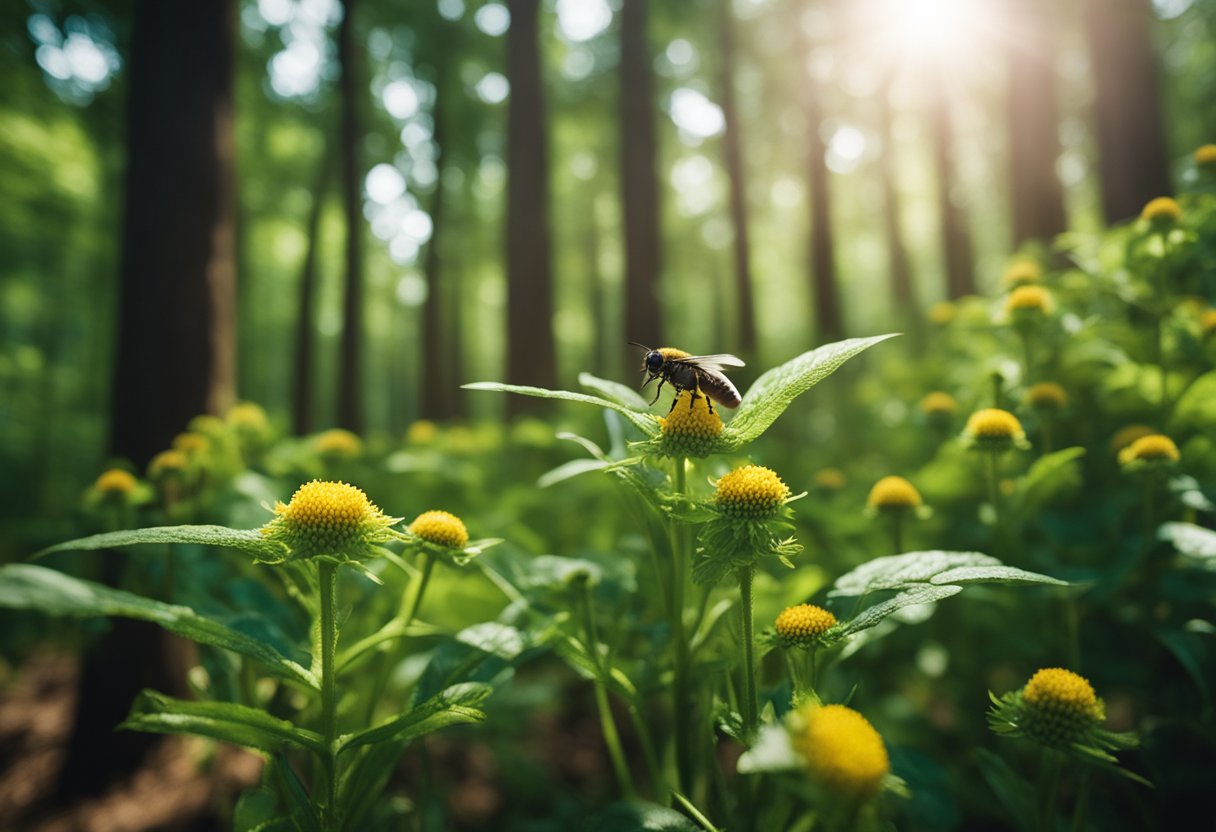 A lush forest with diverse plant and animal life, including pollinators, soil enrichers, and natural pest controllers, all contributing to the ecosystem's health and productivity