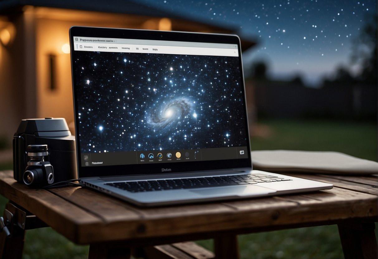 A telescope and laptop sit on a backyard table under a starry sky. Astronomy software is displayed on the laptop screen, with a constellation map and star charts visible