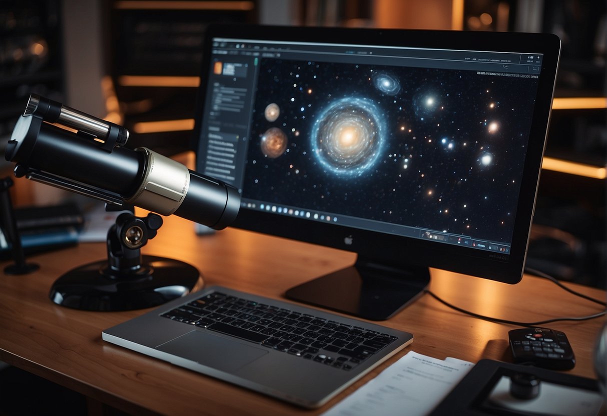 A telescope and various equipment are arranged on a desk, with a computer displaying astronomy software for the amateur astronomer