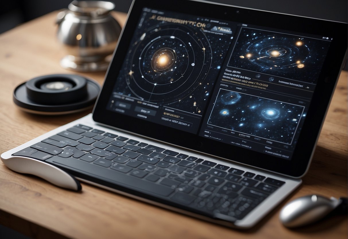 Astronomy software displayed on a tablet and mobile phone, with star charts and celestial objects visible on the screens