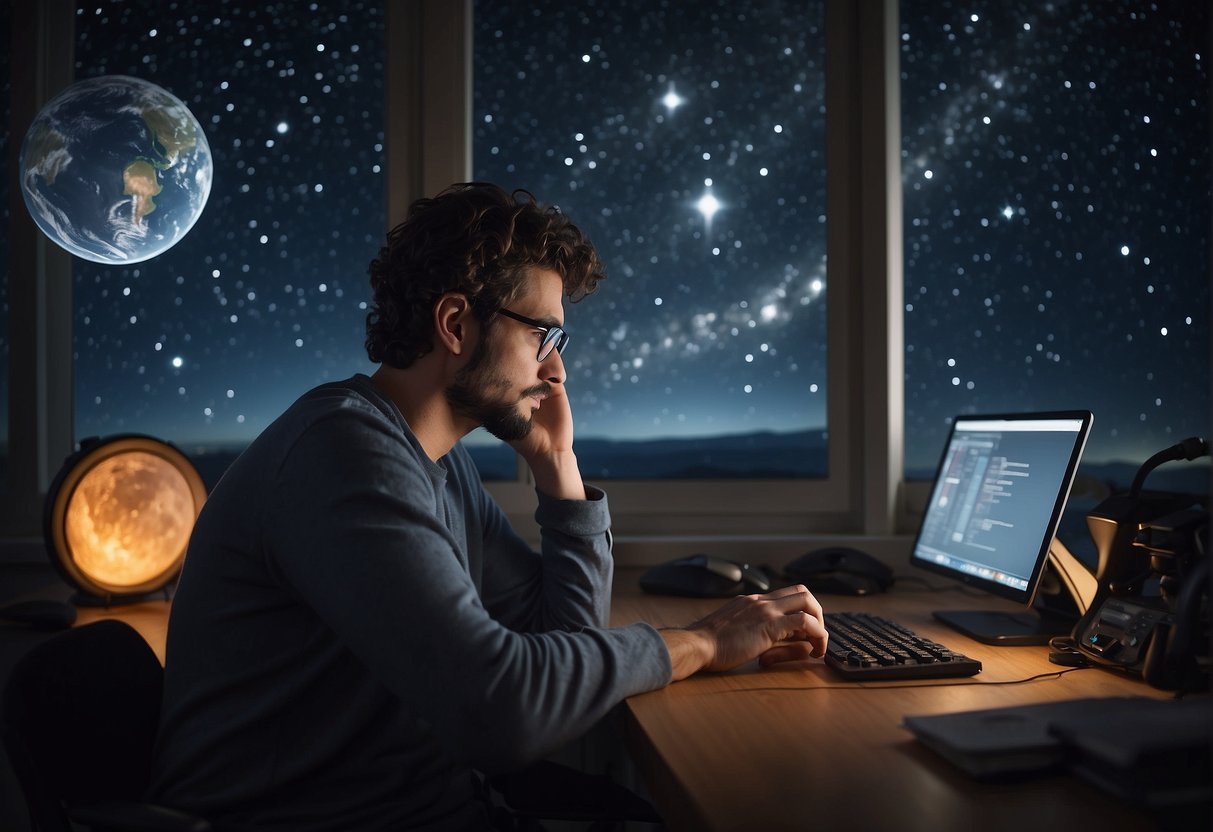 An amateur astronomer sits at a computer, using software to plan and log observations. Telescopes and star charts are scattered on the desk