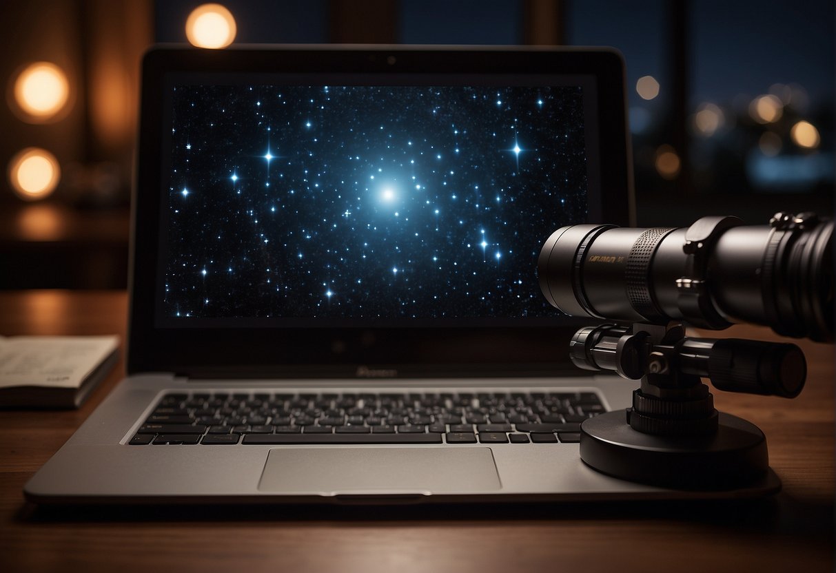 A telescope pointed at the night sky, with a computer screen displaying astronomy software and a book titled "Frequently Asked Questions Astronomy Software for the Amateur Astronomer" nearby