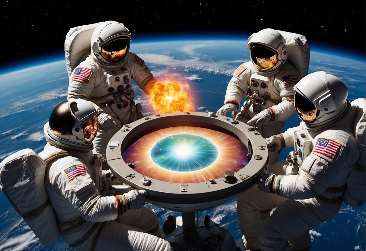 Space Exploration Card Games - A group of diverse spacecraft orbit around a colorful planet, while astronauts engage in a friendly card game in zero gravity