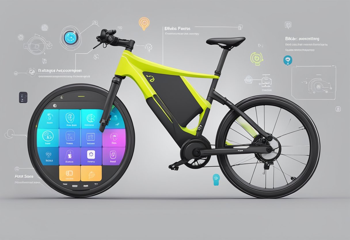 A smartphone displaying an ebike app with various connectivity and integration features, surrounded by bike parts and accessories