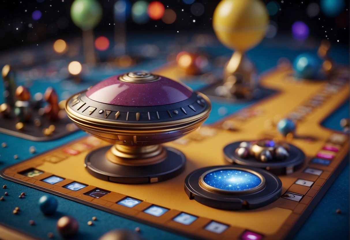 A spaceship zooms past colorful planets and twinkling stars, while a game board showcases educational space exploration themes