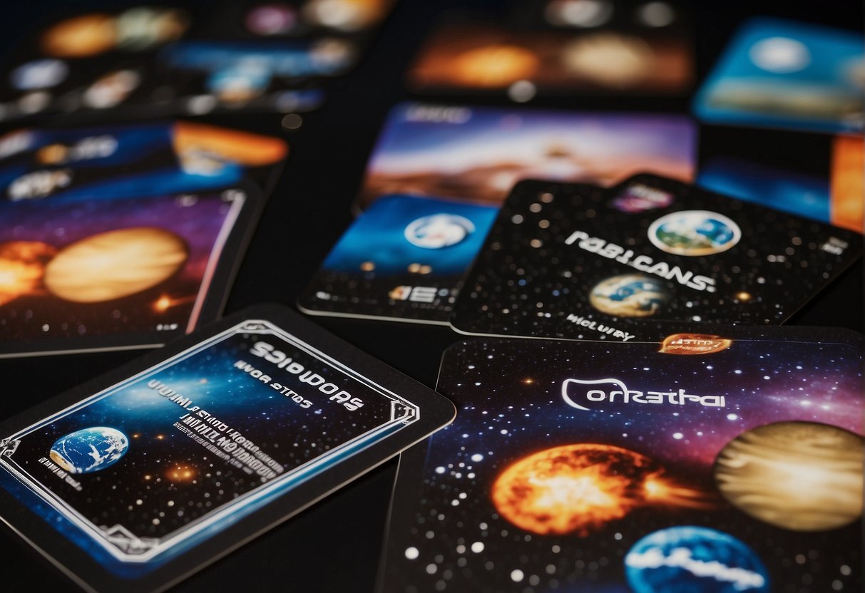 Multiple space mission spacecrafts orbiting Earth, while various space agency logos are displayed in the background. A group of people playing a space exploration card game with excitement