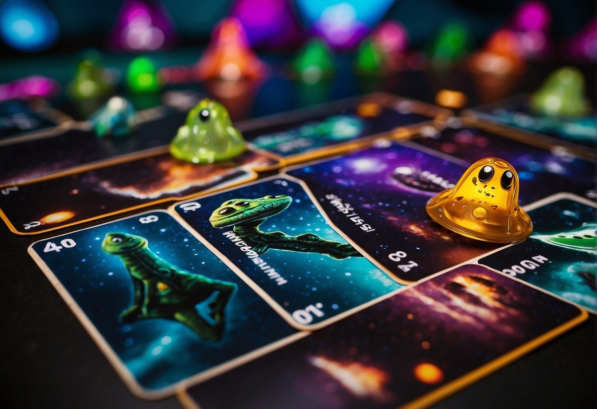 Aliens explore vibrant, otherworldly landscapes in a space-themed card game. The game is fun and educational, with imaginative destinations and creative twists on space exploration