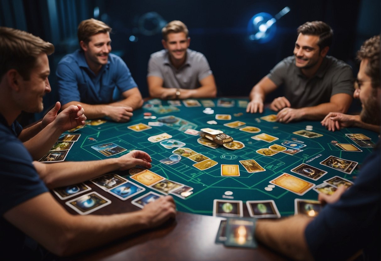 Players gather around a table, engrossed in a space exploration card game. Cards are spread out, and excited conversations fill the air. Educational and entertaining
