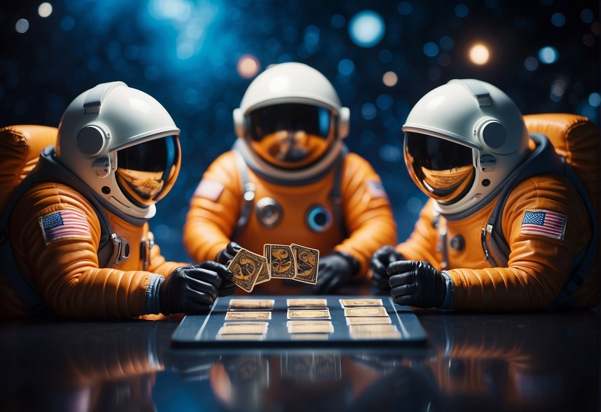 A group of astronauts playing a space exploration card game, with planets and stars in the background, representing fun and educational activities in the universe