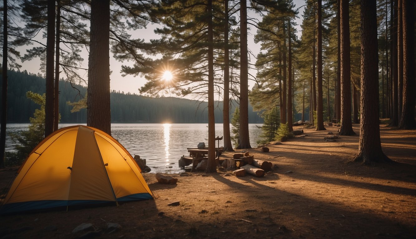 A cozy campsite by Lake Spaulding, with a crackling fire, a tent, and a canoe on the shore. Tall pine trees surround the serene water