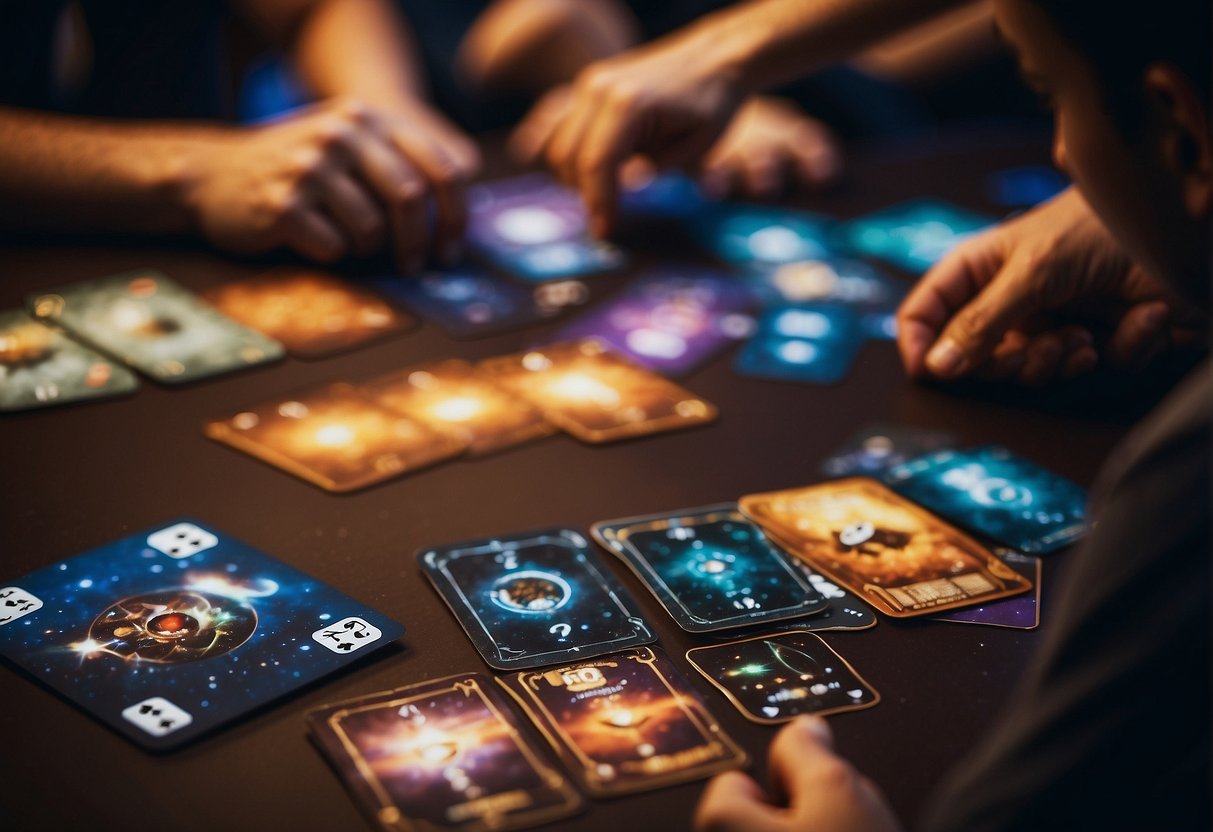 A group of diverse space-themed card games spread out on a table, with players engaged in lively and educational gameplay