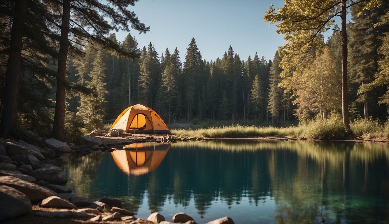 A tent pitched by a tranquil lake, surrounded by towering trees and a clear blue sky, with a crackling campfire and a fishing rod leaning against a nearby rock