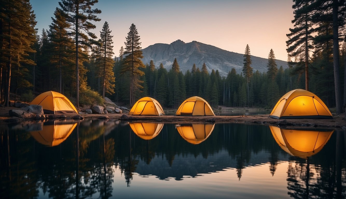 Tents pitched by the tranquil lake, surrounded by tall pine trees and a clear blue sky. A campfire crackles, casting a warm glow as the sun sets over the water