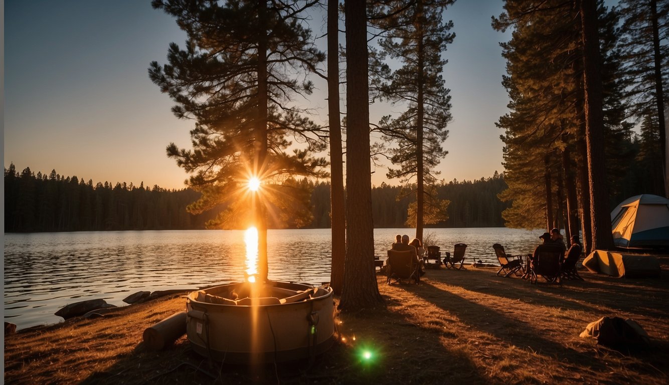The sun sets behind the towering pines, casting a warm glow over the tranquil waters of Lake Spaulding. A flickering campfire illuminates the scene, surrounded by tents and the sound of laughter