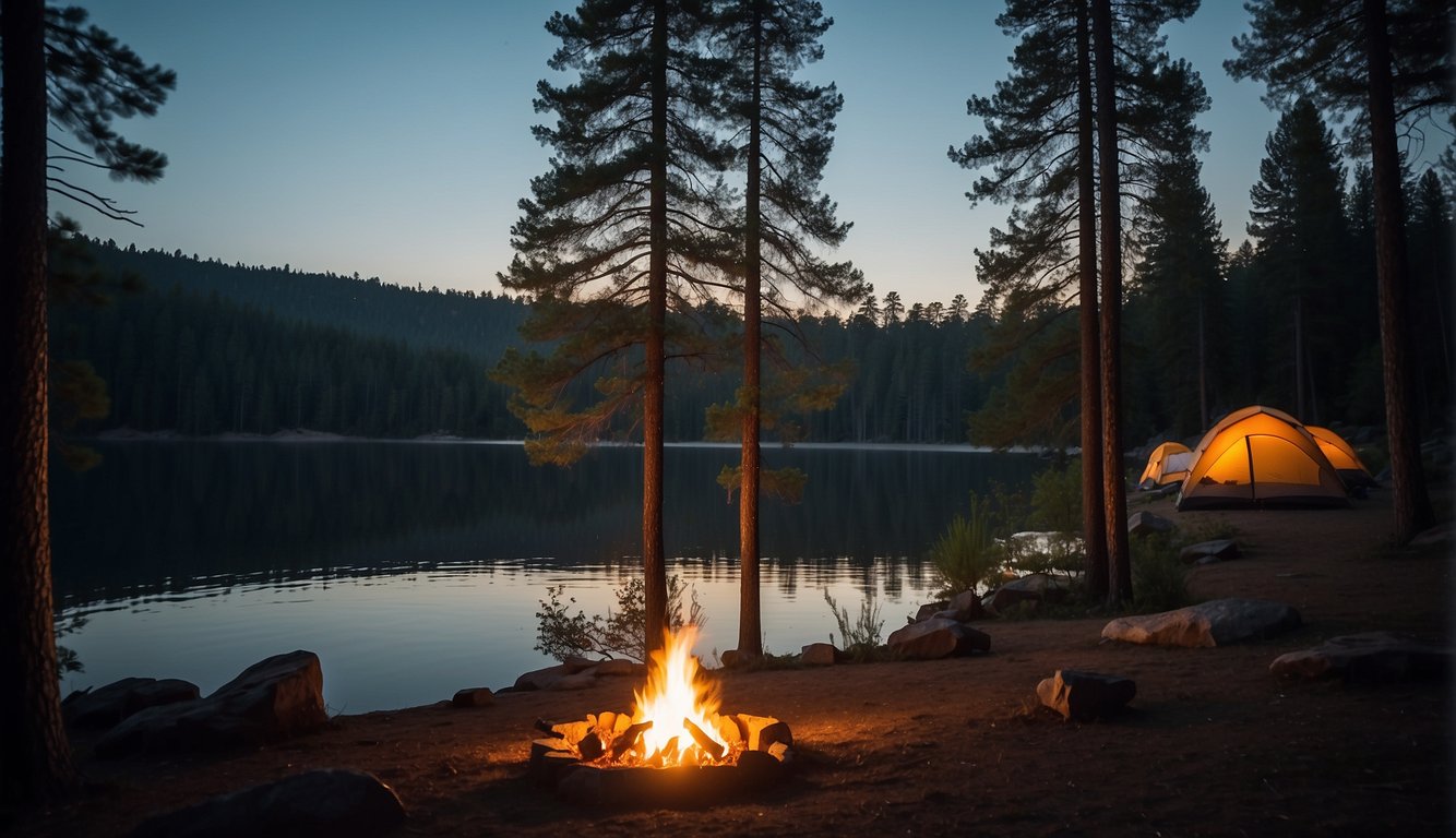 A serene lake nestled among tall pine trees, with a campfire burning and tents pitched on the shore. The moonlight reflects off the calm water, creating a peaceful and tranquil atmosphere