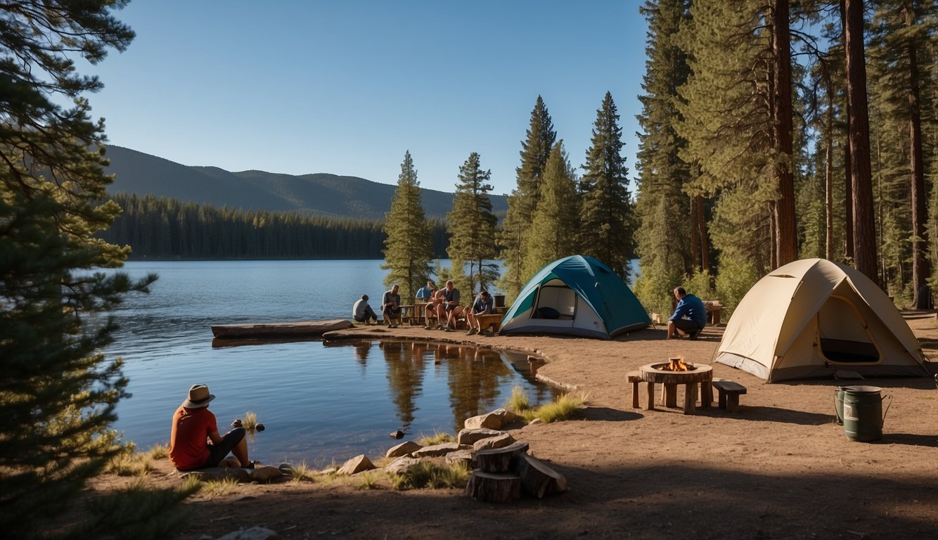 Campers setting up tents and cooking over a fire by the tranquil waters of Lake Spaulding, surrounded by towering trees and a clear blue sky