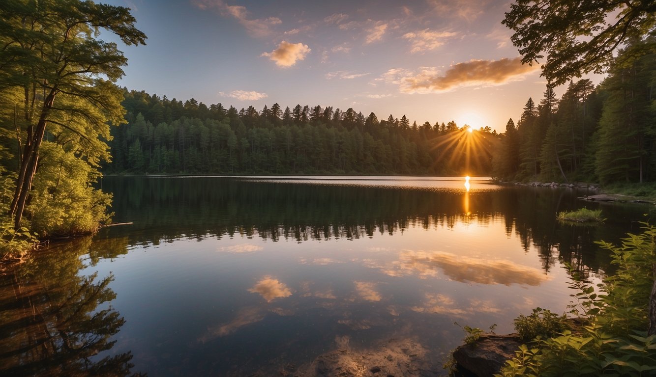 Sunset over serene lake, surrounded by lush forest and campgrounds at Washburne State Park