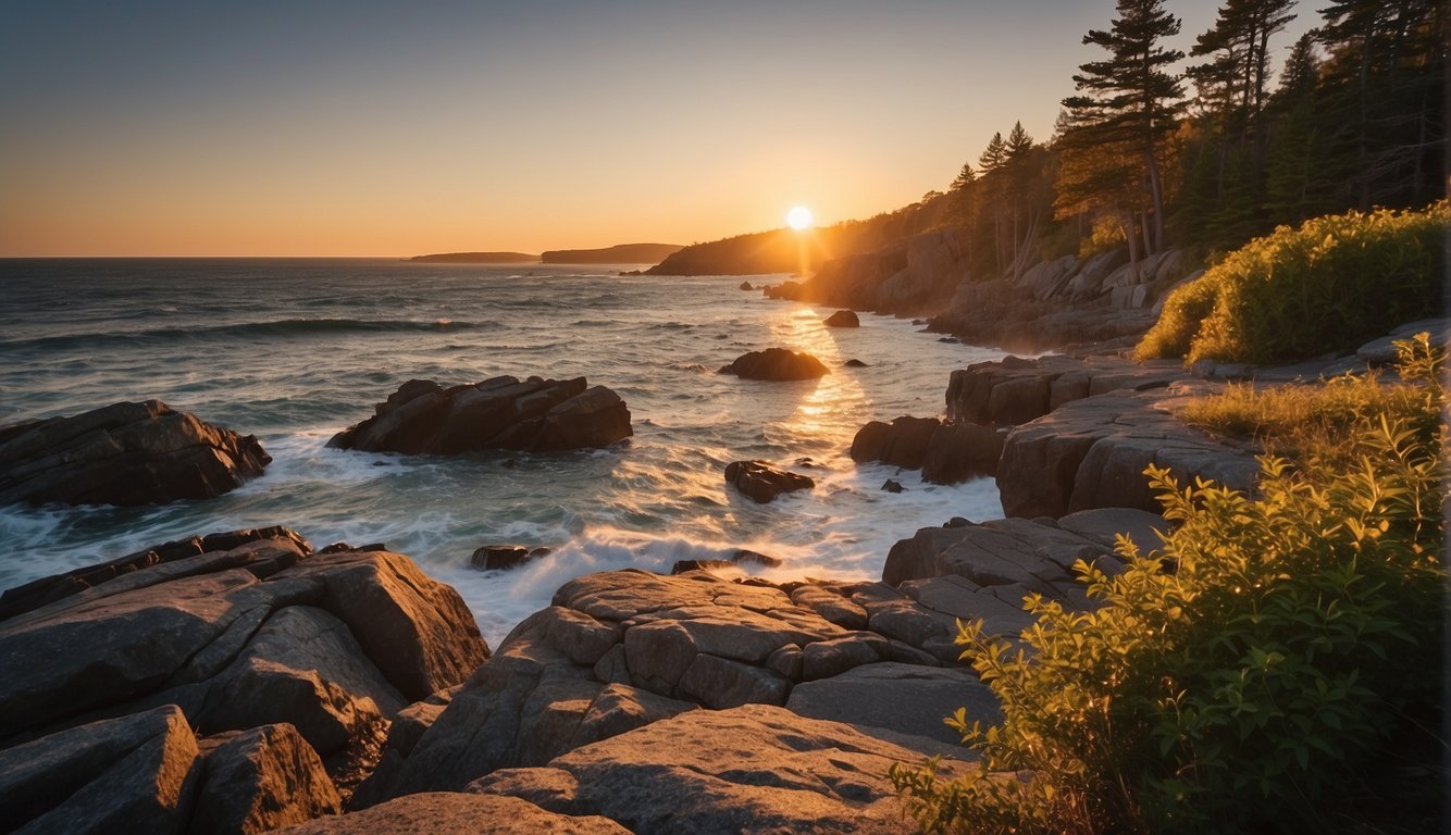The sun sets over the rugged coastline of Washburne State Park, casting a warm glow on the towering trees and rocky cliffs. Waves crash against the shore, creating a peaceful and serene atmosphere