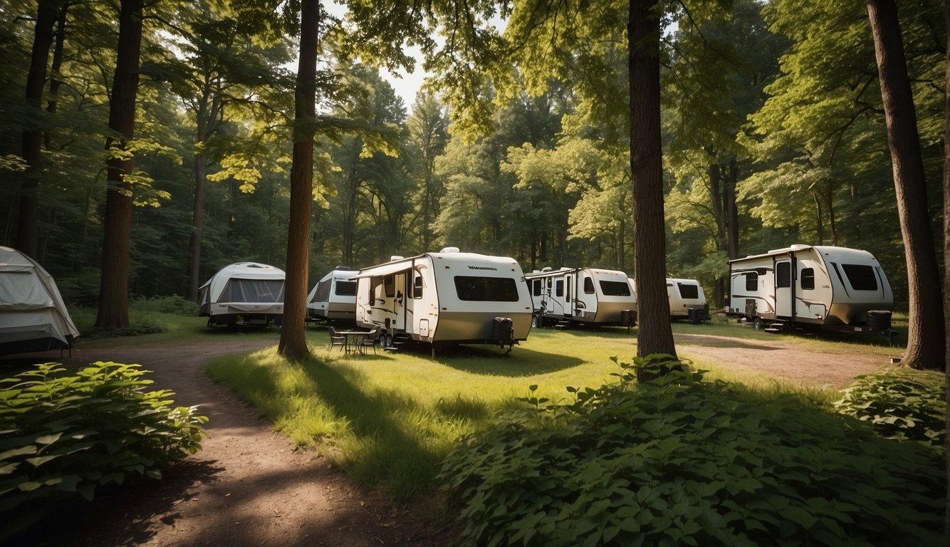 Tents and RVs dot the lush green campground at Washburne State Park, nestled among towering trees and bordered by a tranquil river