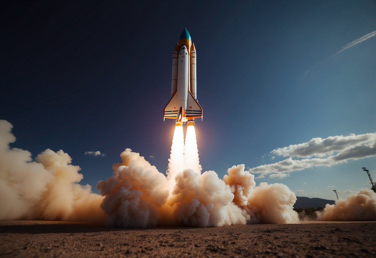 A model rocket launches into the sky, leaving a trail of smoke behind. The rocket is intricately designed with colorful patterns and sleek fins. The launch pad and surrounding area are filled with excited onlookers