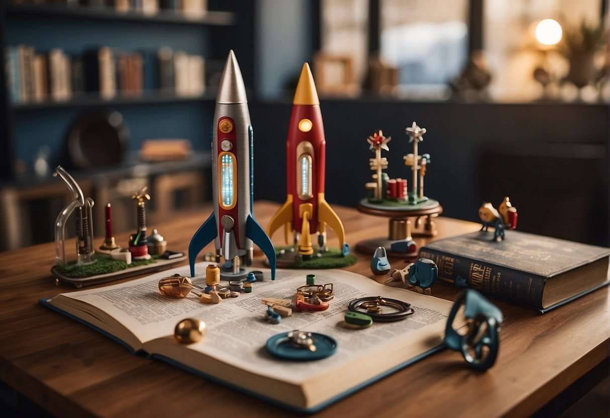 A table with model rockets, tools, and a book titled "Frequently Asked Questions The Art and Craft of Model Rocketry" as the focal point