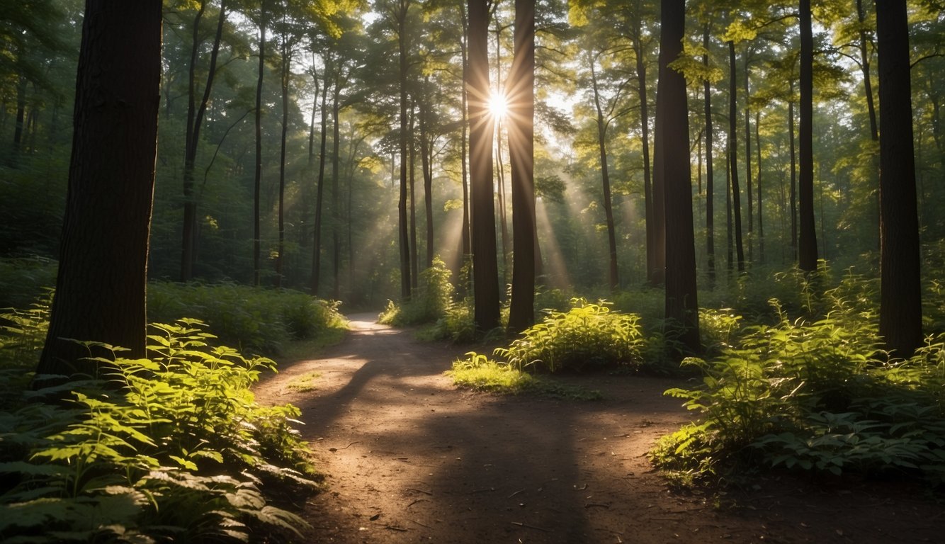 Sunlight filters through tall trees, casting dappled shadows on a tranquil campsite. A winding trail disappears into the lush greenery of Washburne State Park, inviting exploration
