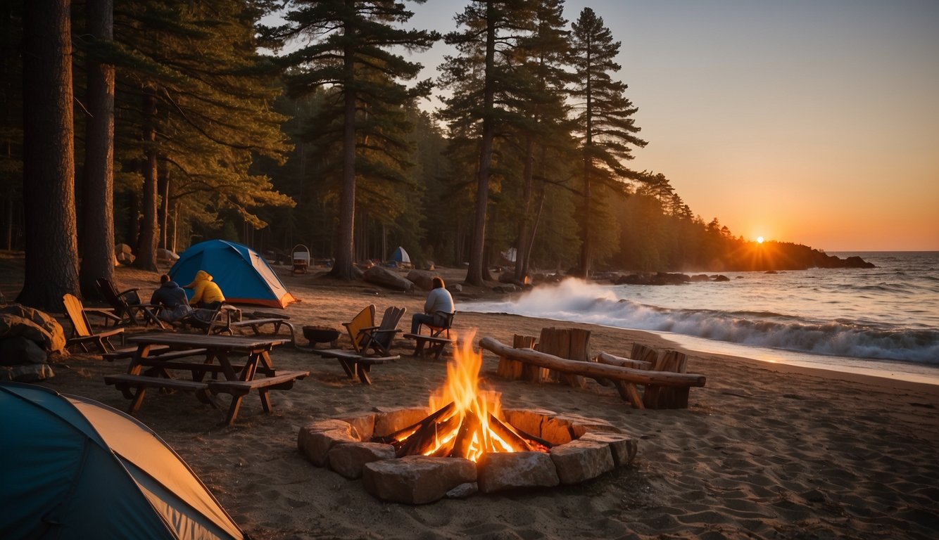 Sunset over Washburne State Park, with campfires glowing and tents pitched against a backdrop of towering trees and crashing waves