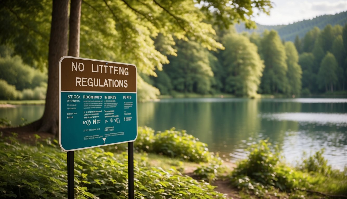 A colorful sign with cheerful illustrations lists park regulations, such as no littering and quiet hours, against a backdrop of towering trees and a serene lake