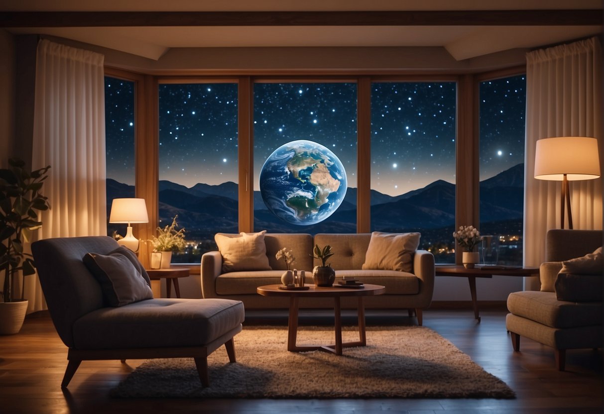 A cozy living room with a celestial globe on a wooden table, surrounded by soft lighting and comfortable seating, with a large window revealing a starry night sky outside