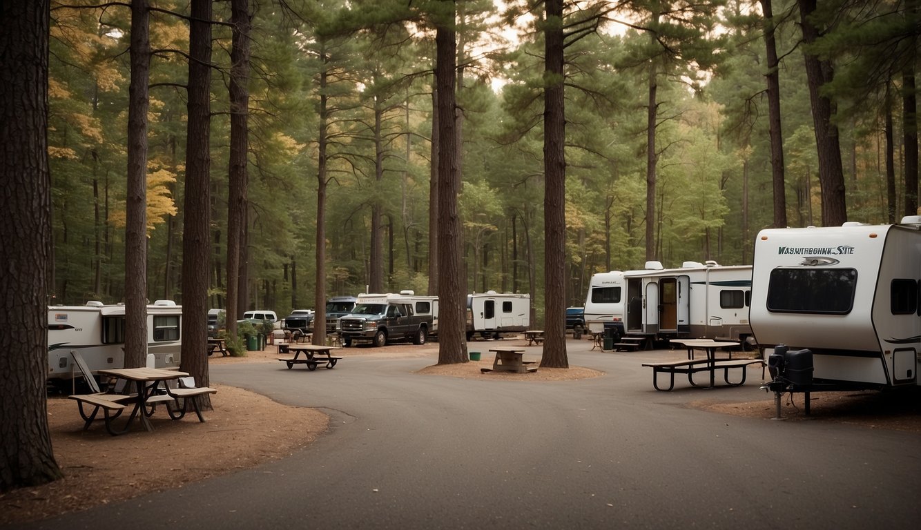 Campground with tents and RVs nestled among tall trees, with a central information kiosk and sign displaying "Frequently Asked Questions" about Washburne State Park camping