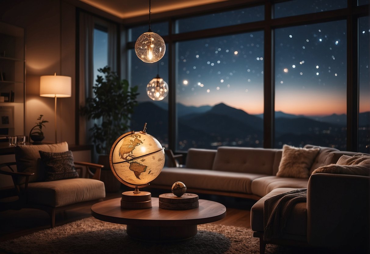 A cozy living room with a celestial globe on a sturdy table, surrounded by comfortable seating and soft lighting for stargazing