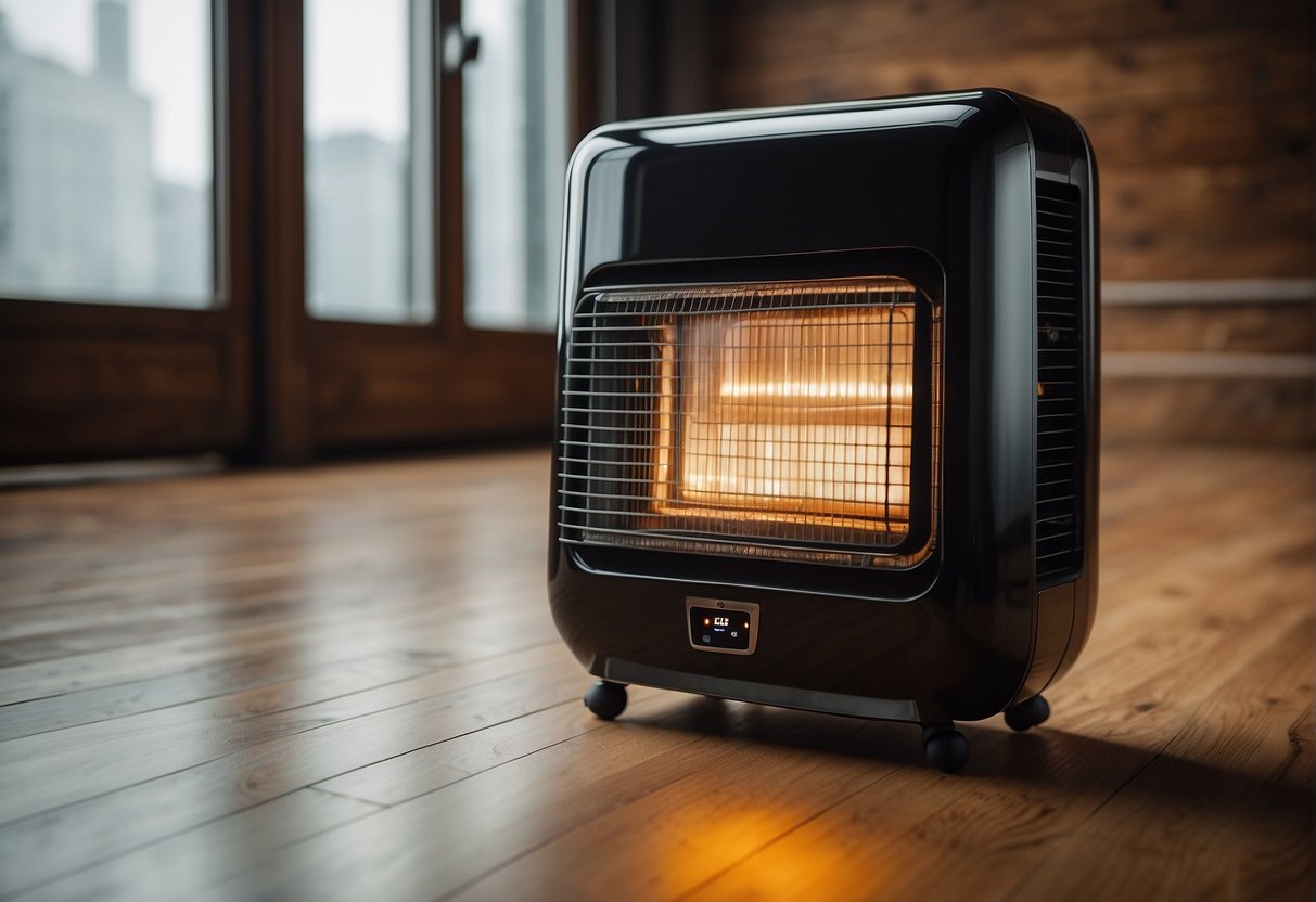 space heaters sits on a wooden floor, surrounded by a clear space to prevent fire hazards. Its internal technology is visible through a transparent panel, showing the heating elements and safety features