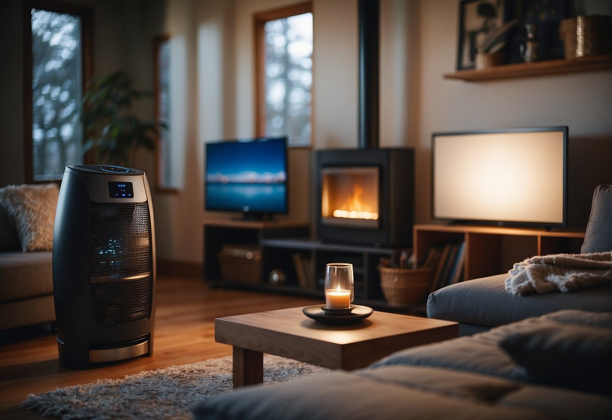 A cozy living room with a space heater emitting warm air, surrounded by modern technology and energy-efficient features