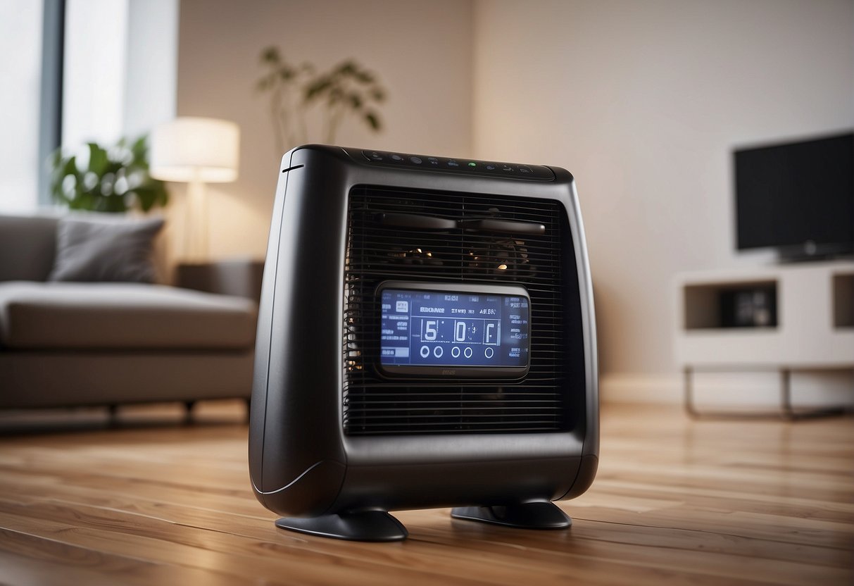 A space heater sits on a clean, clutter-free floor. Wires connect to a digital control panel. Behind it, a cutaway diagram reveals its internal technology