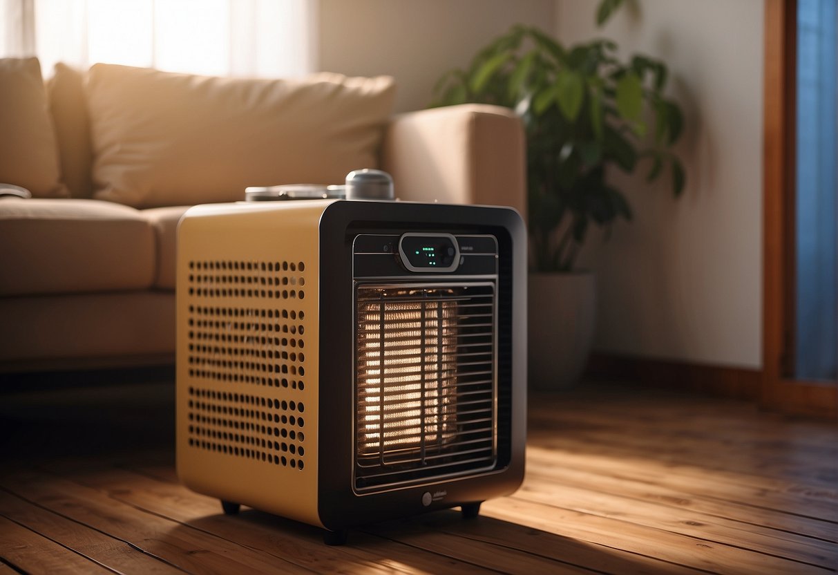 A space heater sits on a wooden floor, surrounded by various electronic components and wires. The heater is emitting warm air into the room, creating a cozy atmosphere