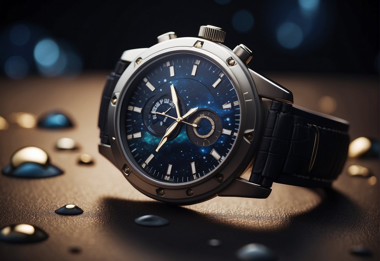 The Impact of Space Exploration on Modern Watch - A sleek, futuristic watch floating in zero gravity, surrounded by images of planets, stars, and spacecraft