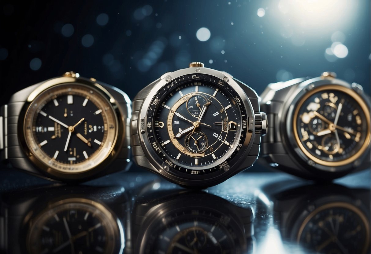 A series of watches floating in zero gravity, surrounded by futuristic space technology and celestial bodies, showcasing the evolution of watch technology in space