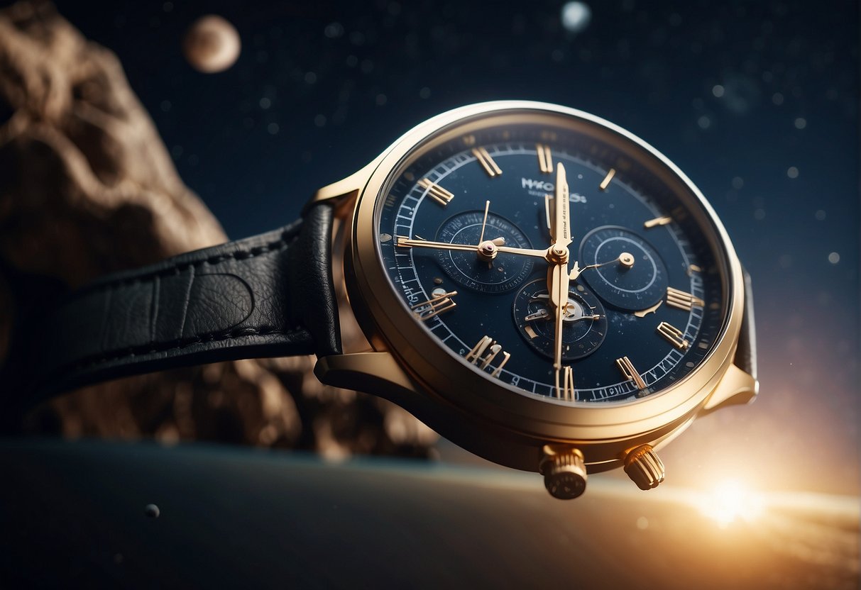 A rocket launches into space, with satellites orbiting Earth. A watchmaker carefully examines a sleek, modern watch, inspired by space exploration