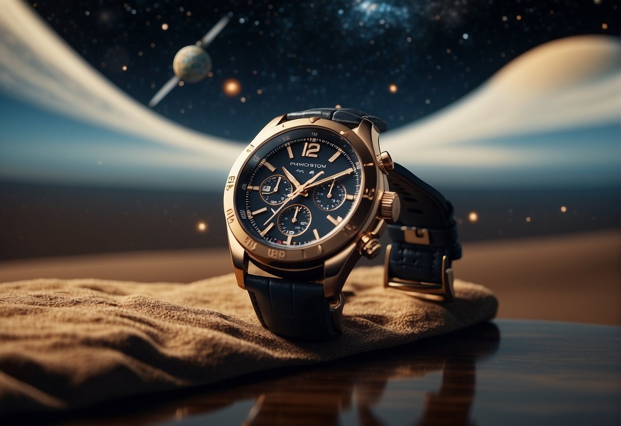 A rocket launches into space, with a sleek modern watch floating in zero gravity, surrounded by stars and planets