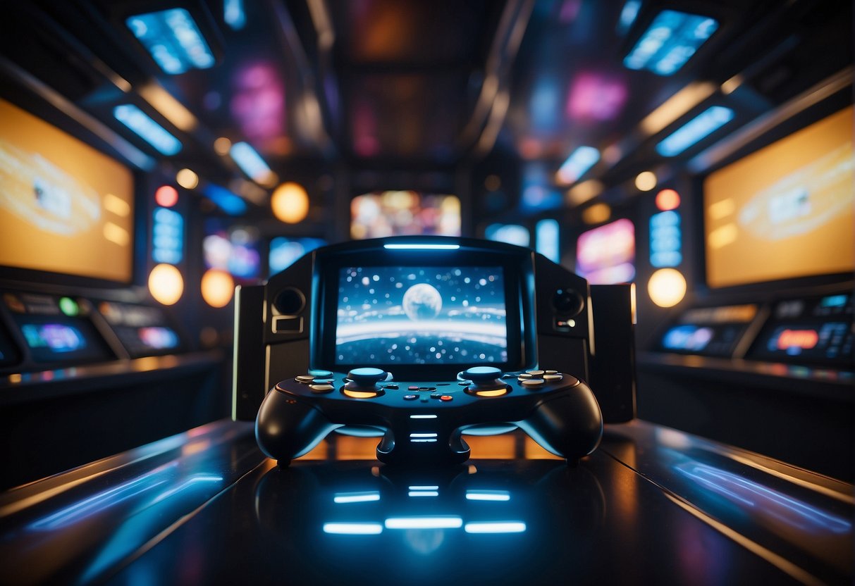 A futuristic space-themed video game console floats in zero gravity, surrounded by holographic displays of retro arcade games evolving into immersive virtual reality experiences